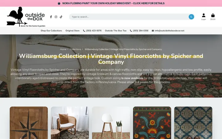 /collections/williamsburg-collection-vintage-vinyl-floorcloths-by-spicher-and-company — Outside The Box and Outside The Box Too | Two Stores, Same Building | Gifts, Home/Garden Decor, Souvenirs | Arvada, Colorado