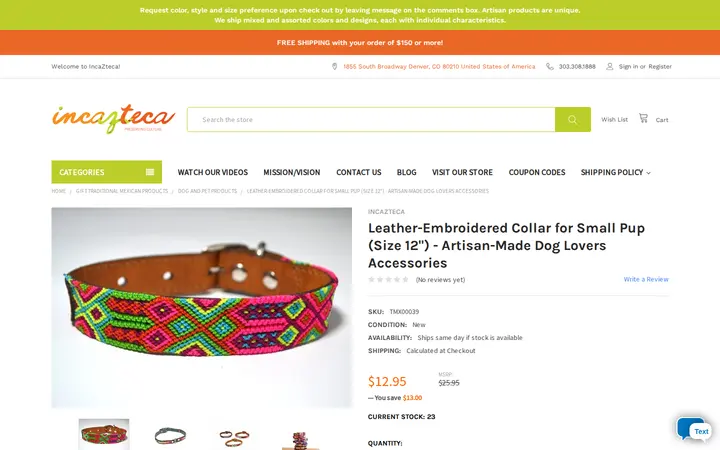 /dog-lovers-accessories-collar-leather-embroidered-mexico-artisan-made-size-12-small-pup — Incazteca, Inc.