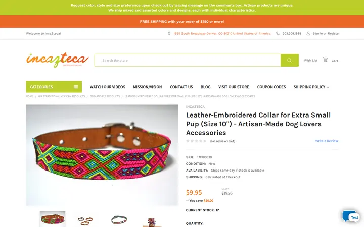 /dog-lovers-accessories-collar-leather-embroidered-mexico-artisan-made-size-10-extra-small-pup — Incazteca, Inc.