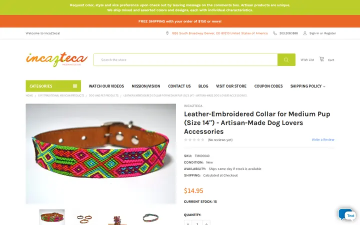 /dog-lovers-accessories-collar-leather-embroidered-mexico-artisan-made-size-14-medium-pup — Incazteca, Inc.