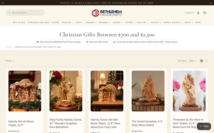 /collections/gifts-700-to-2500 — Bethlehem Handicraft's Christian Wooden Carvings and Gifts