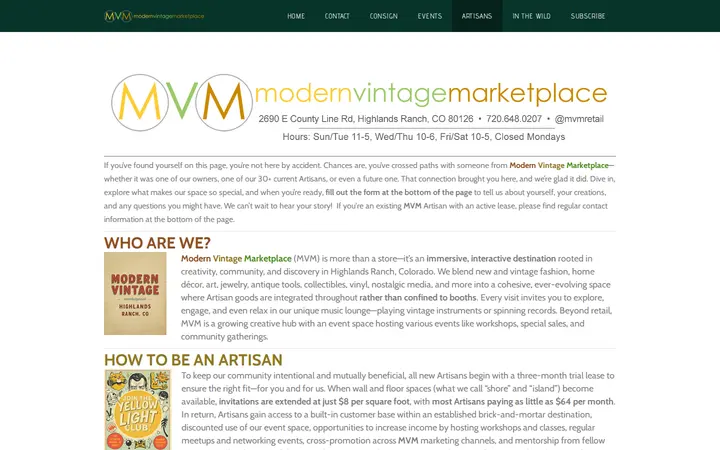 Website of Modern Vintage Marketplace
