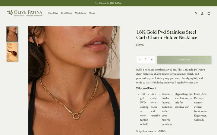 /products/18k-gold-pvd-stainless-steel-curb-charm-holder-necklace — Olive Patina Denver