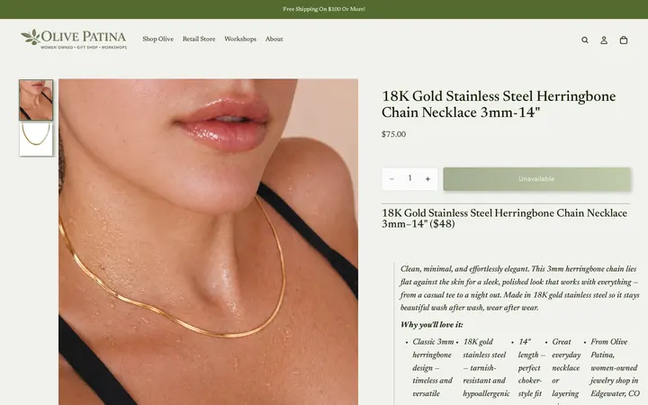 /products/18k-gold-stainless-steel-herringbone-chain-necklace-3mm-14 — Olive Patina Denver