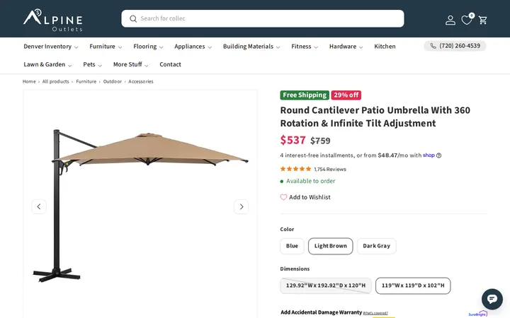 /collections/outdoor-accessories/products/round-cantilever-patio-umbrella-with-360-rotation-infinite-tilt-adjustment — Alpine Outlets