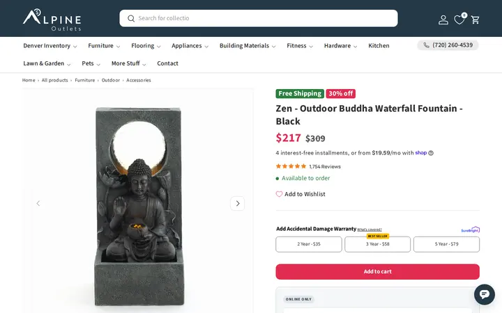 /collections/outdoor-accessories/products/zen-outdoor-buddha-waterfall-fountain-black — Alpine Outlets