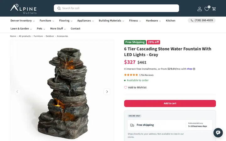 /collections/outdoor-accessories/products/6-tier-cascading-stone-water-fountain-with-led-lights-gray — Alpine Outlets