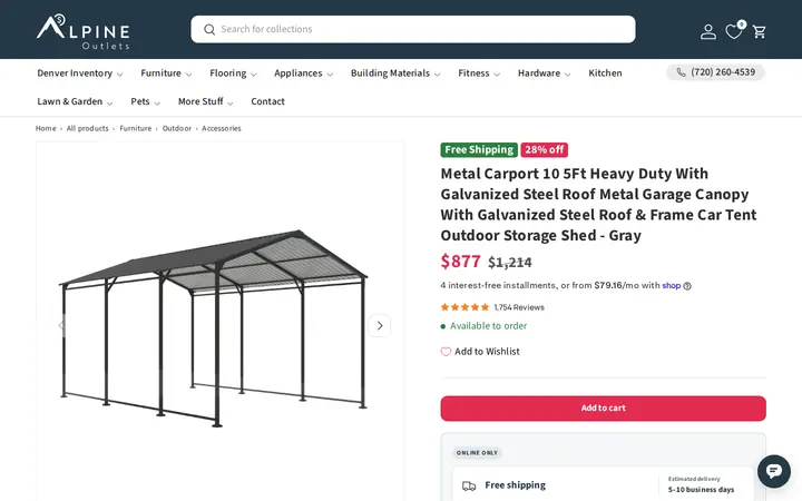 /collections/outdoor-accessories/products/metal-carport-10-5ft-heavy-duty-with-galvanized-steel-roof-metal-garage-canopy-with-galvanized-steel-roof-frame-car-tent-outdoor-storage-shed-gray — Alpine Outlets