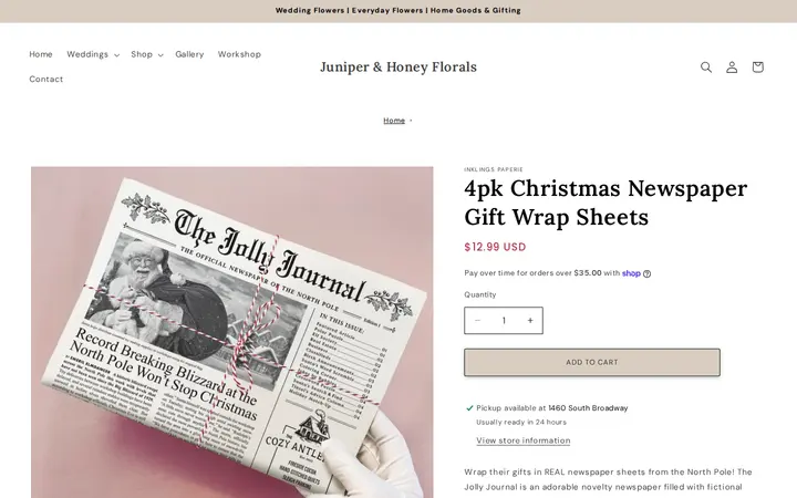 /products/4pk-christmas-newspaper-gift-wrap-sheets — Juniper & Honey Floral Designs
