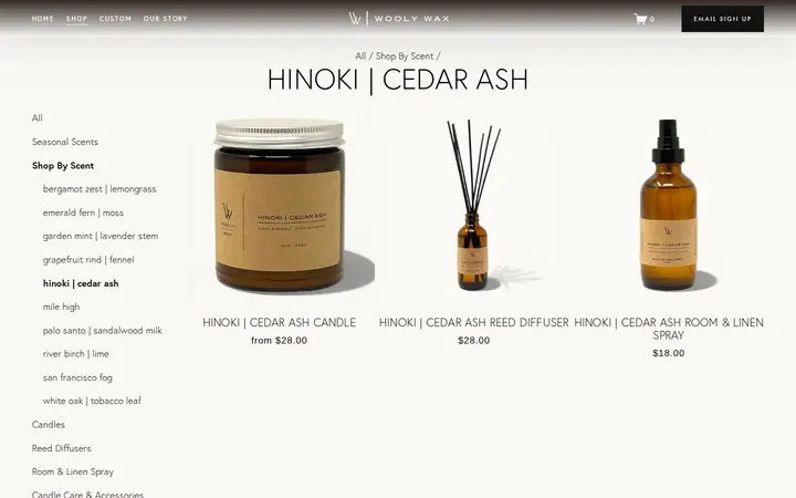 /shop/shop-by-scent/hinoki-cedar-ash — Wooly Wax Candles