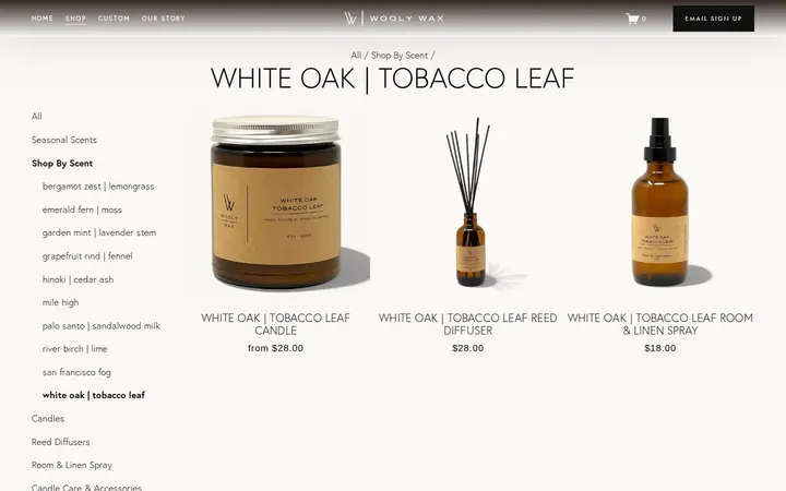 /shop/shop-by-scent/white-oak-tobacco-leaf — Wooly Wax Candles