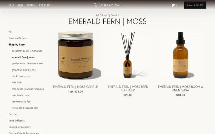 /shop/shop-by-scent/emerald-fern-moss — Wooly Wax Candles