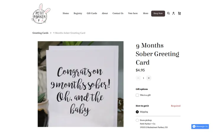 /product/9-months-sober-greeting-card/QNIAPN2AWYPED7I4NIIWWPJZ — Petit Parker + Co