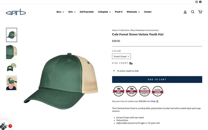 /collections/boys-headwear-and-accessories/products/cole-forest-green-youth-hat — Garb Inc