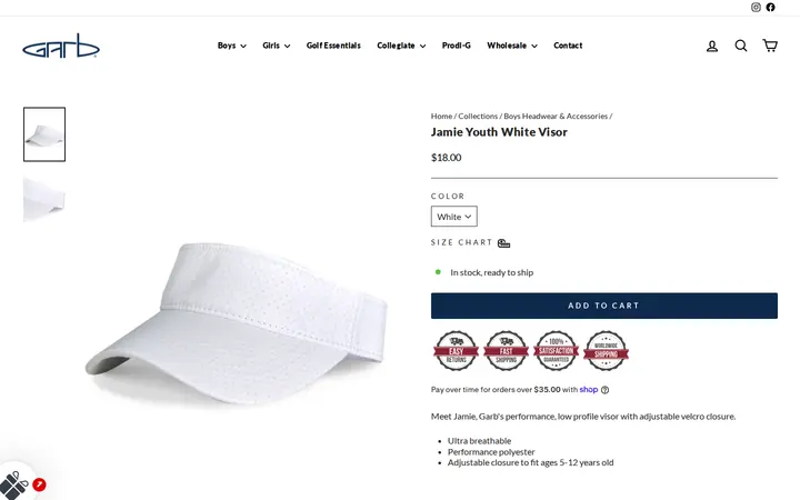 /collections/boys-headwear-and-accessories/products/jamie-youth-white-visor — Garb Inc