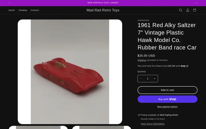 /products/1961-red-alky-saltzer-7-vintage-plastic-hawk-model-co-rubber-band-race-car — Mad Rad Retro Toys