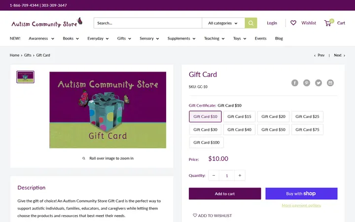 /collections/gifts/products/gift-card — Autism Community Store