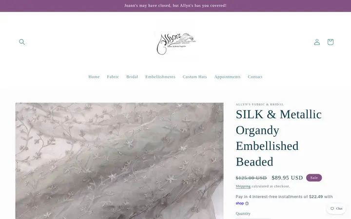 /products/silk-metallic-organdy-embellished-copy — Allyn's Fabric and Bridal