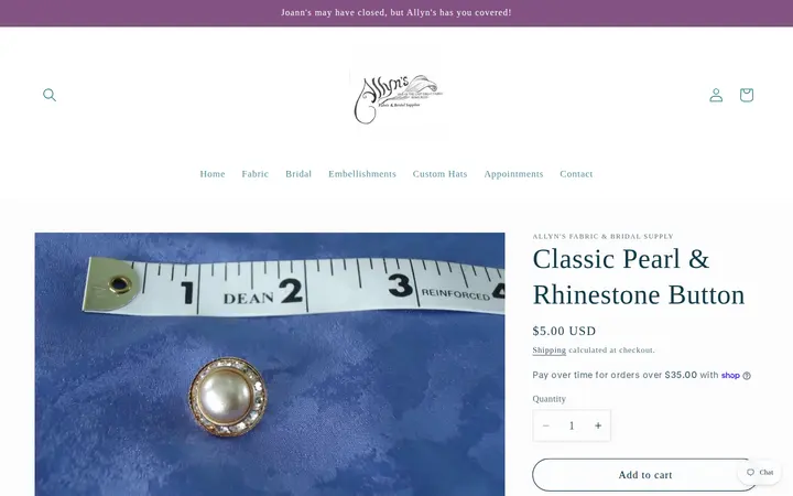 /products/classic-pearl-rhinestone-button — Allyn's Fabric and Bridal