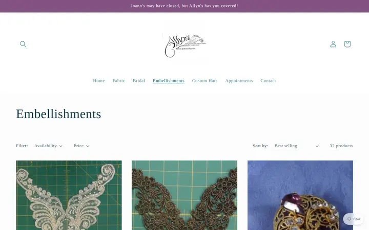 /collections/embellishments — Allyn's Fabric and Bridal
