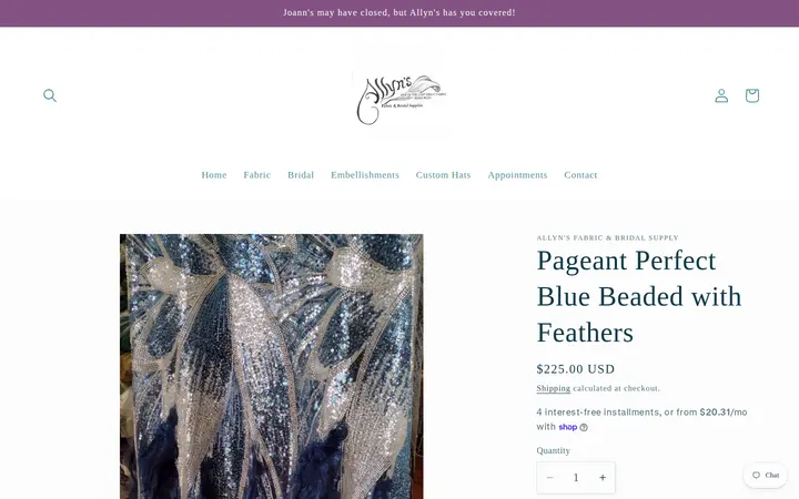 /products/pageant-perfect-blue-beaded-with-feathers — Allyn's Fabric and Bridal