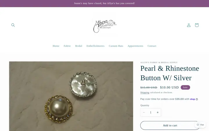 /products/pearl-rhinestone-button-silver — Allyn's Fabric and Bridal