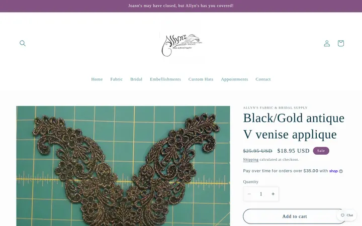 /products/black-gold-antique-v-venise-applique — Allyn's Fabric and Bridal