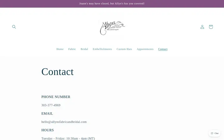 /pages/contact — Allyn's Fabric and Bridal