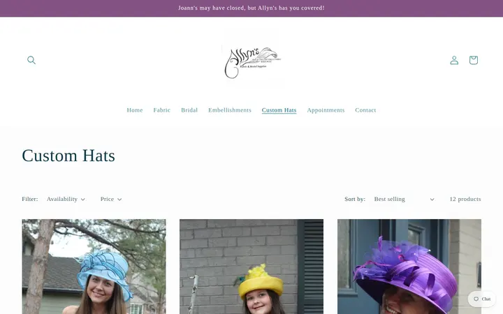 /collections/custom-hats — Allyn's Fabric and Bridal