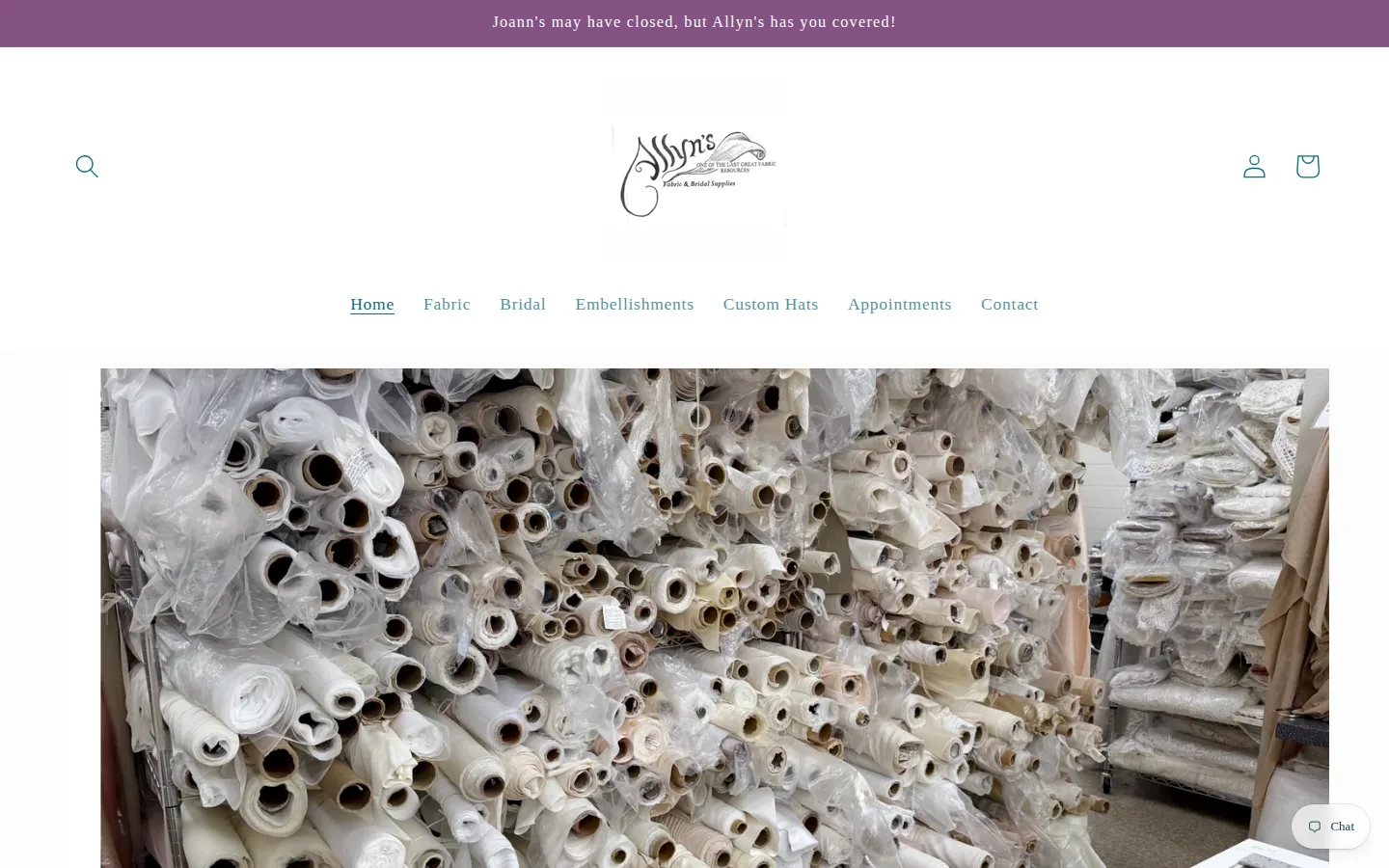 Captured website of Allyn's Fabric and Bridal