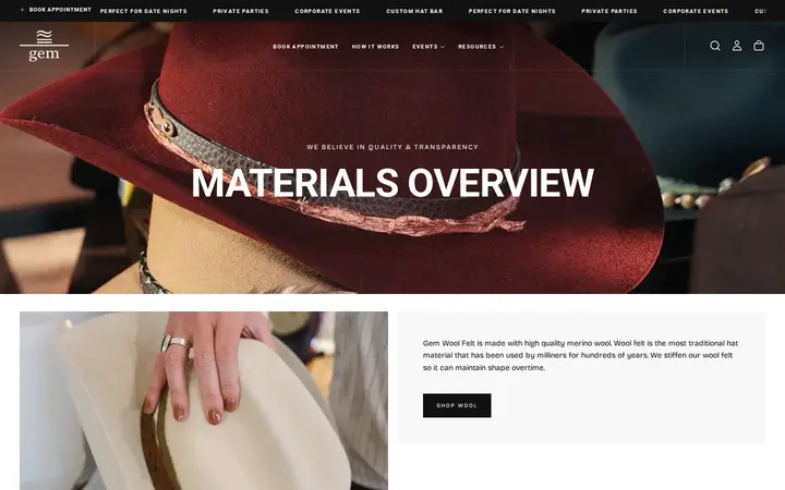 /pages/materials-overview — Gem Hats