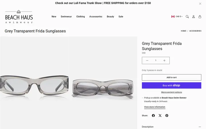 /en-ca/collections/accessories/products/grey-transparent-frida-sunglasses — Beach Haus Swimwear