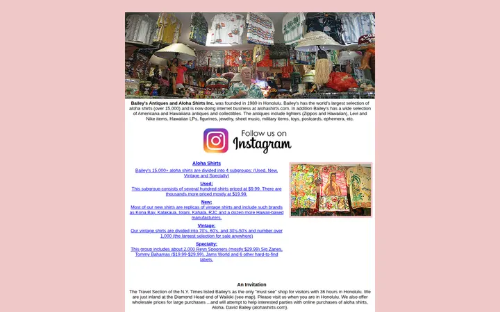 Website of Bailey's Antiques and Aloha Shirts