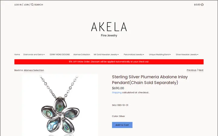 /collections/alamea-collection/products/sterling-silver-plumeria-abalone-inlay-pendant — Akela Jewelry