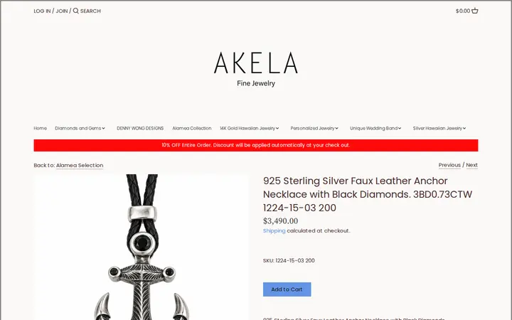 /collections/alamea-collection/products/925-sterling-silver-faux-leather-anchor-necklace-with-black-diamonds-3bd0-73ctw-1224-15-03-200 — Akela Jewelry
