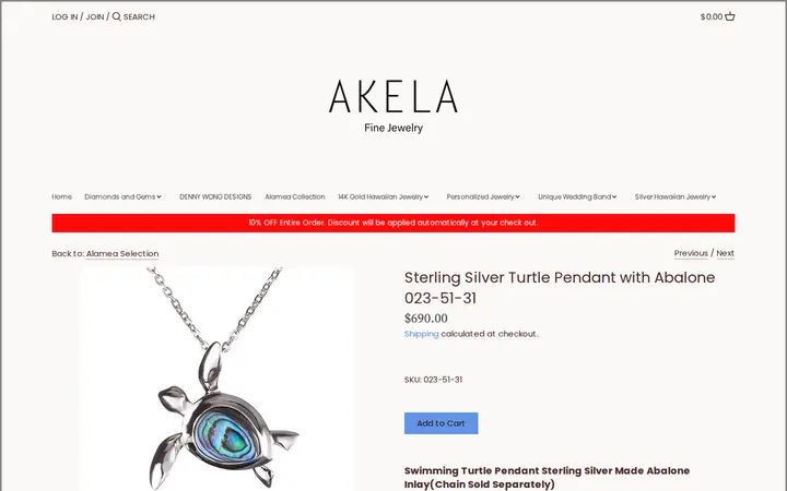/collections/alamea-collection/products/swimming-turtle-pendant-sterling-silver-made-abalone-inlay — Akela Jewelry