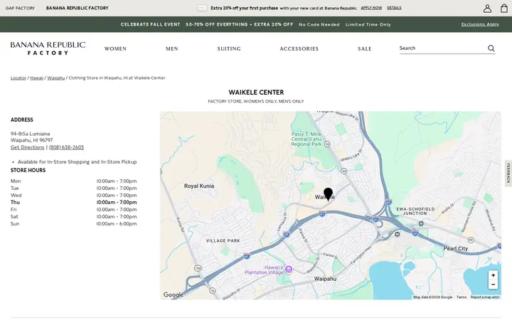 Website of Banana Republic Factory Store