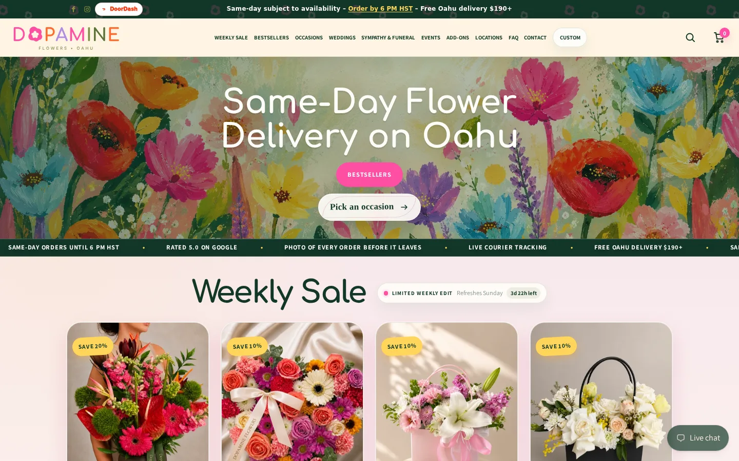 Captured website of Dopamine Flowers - Same-day flowers on Oahu