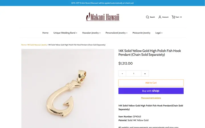 /collections/14k-gold-hawaiian-jewelry/products/14k-solid-yellow-gold-high-polish-fish-hook-pendant-gp4063 — Makani Hawaii Jewelry & Watch Company