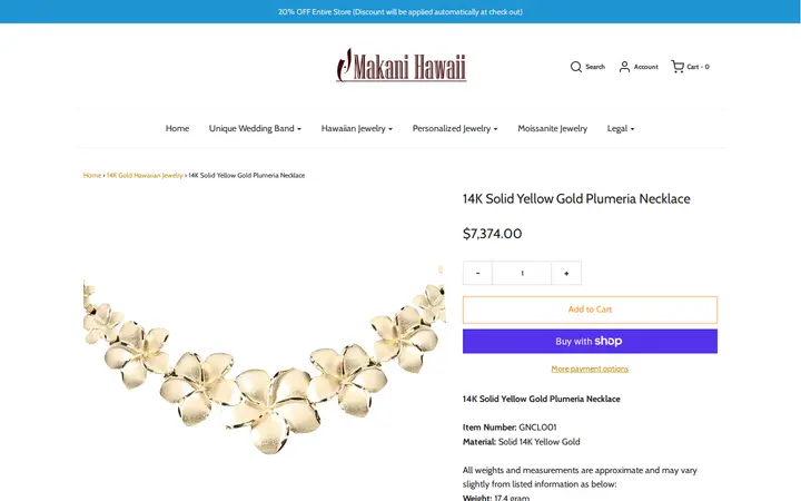 /collections/14k-gold-hawaiian-jewelry/products/14k-solid-yellow-gold-plumeria-necklace-gncl001 — Makani Hawaii Jewelry & Watch Company