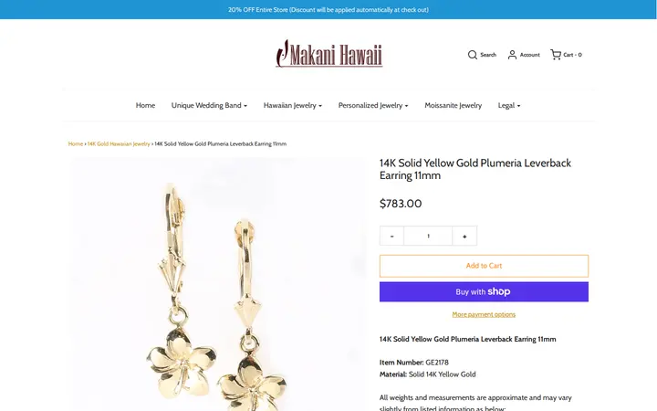 /collections/14k-gold-hawaiian-jewelry/products/14k-solid-yellow-gold-plumeria-leverback-earring-11mm-ge2178 — Makani Hawaii Jewelry & Watch Company
