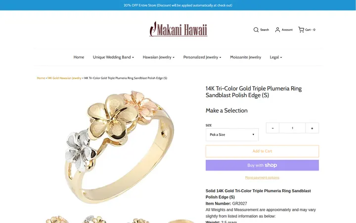 /collections/14k-gold-hawaiian-jewelry/products/14k-gold-tri-color-triple-plumeria-ring-sandblast-polish-edge-6-8-6 — Makani Hawaii Jewelry & Watch Company