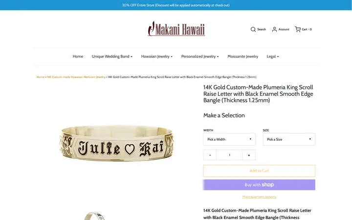 /collections/14k-custom-made-hawaiian-heirloom-jewelry/products/14k-gold-plumeria-princess-scroll-raise-letter-with-black-enamel-smooth-edge-bangle-8-18mmthickness-1-25mm — Makani Hawaii Jewelry & Watch Company