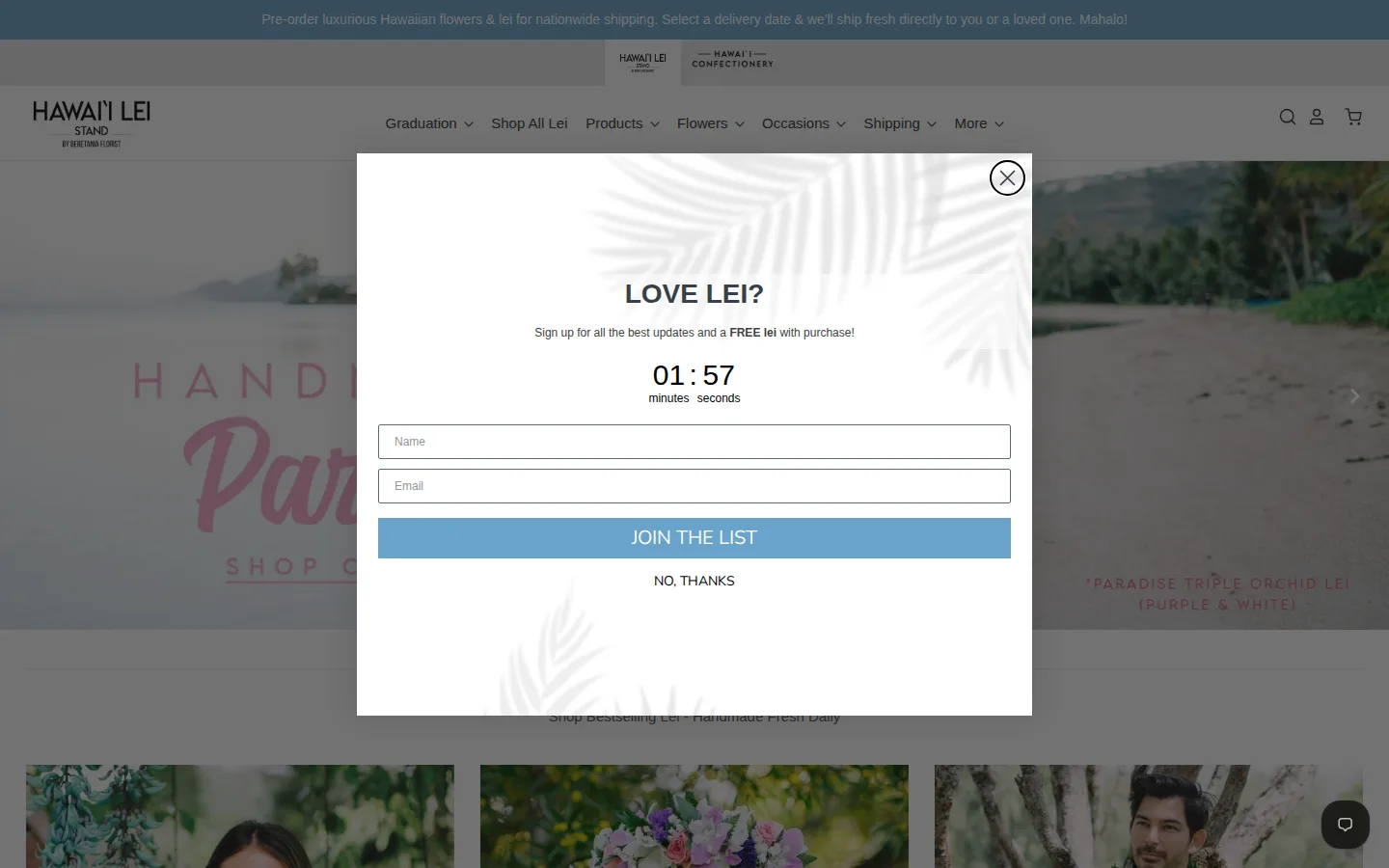 Captured website of Hawaii Lei Stand
