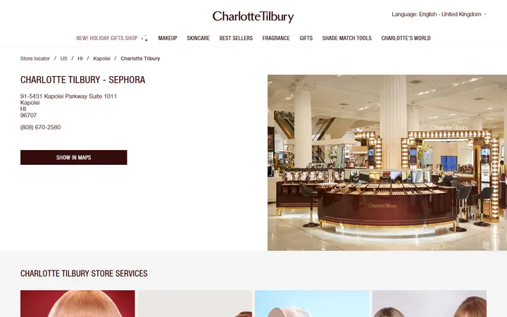 Charlotte Tilbury Beauty store in Kapolei, United States | In-Store Makeup & Skincare Services.