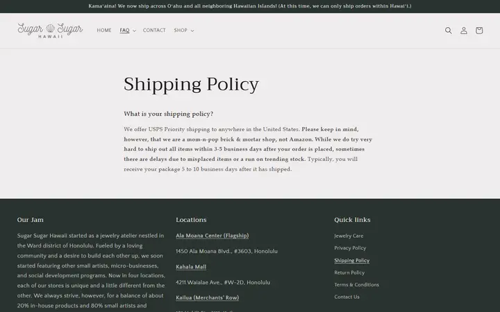 Shipping Policy – Sugar Sugar Hawaii
