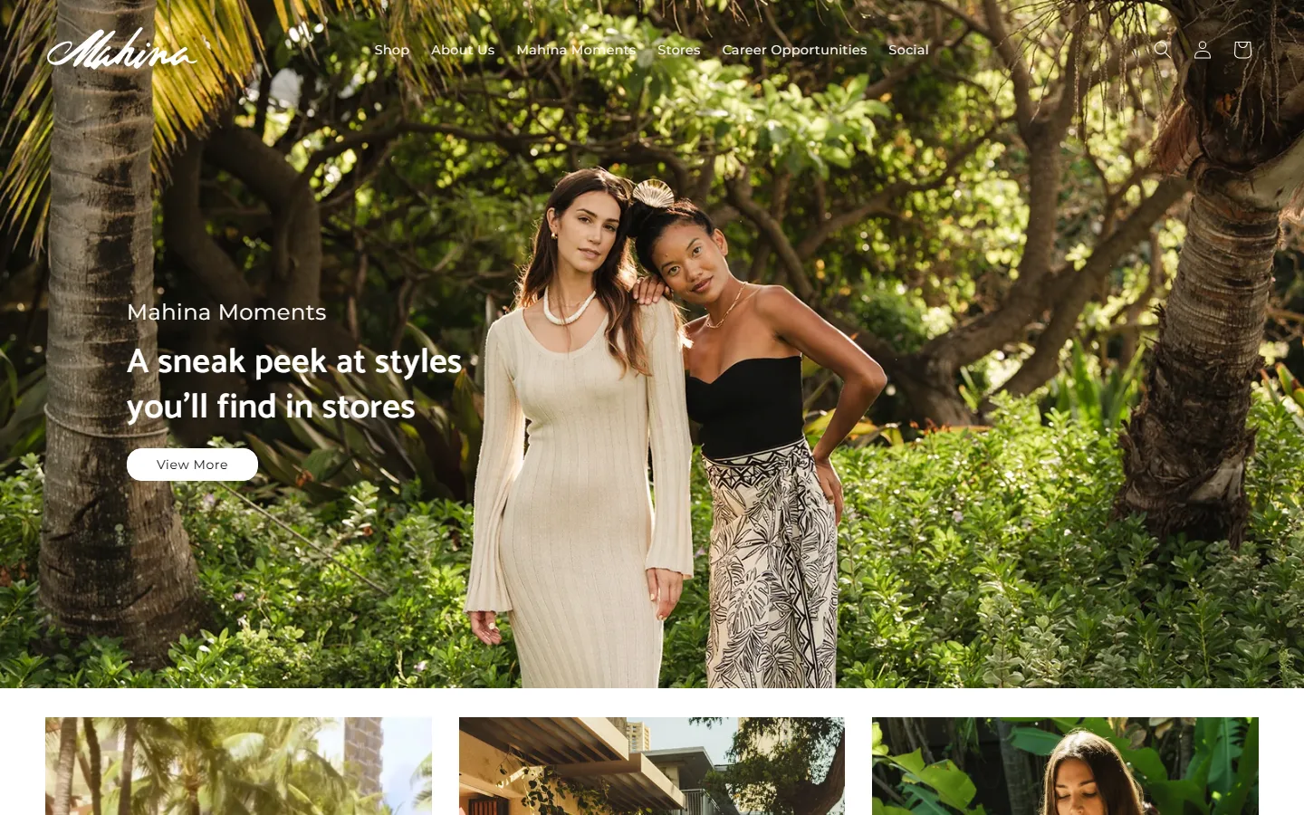 Captured website of Mahina Clothing