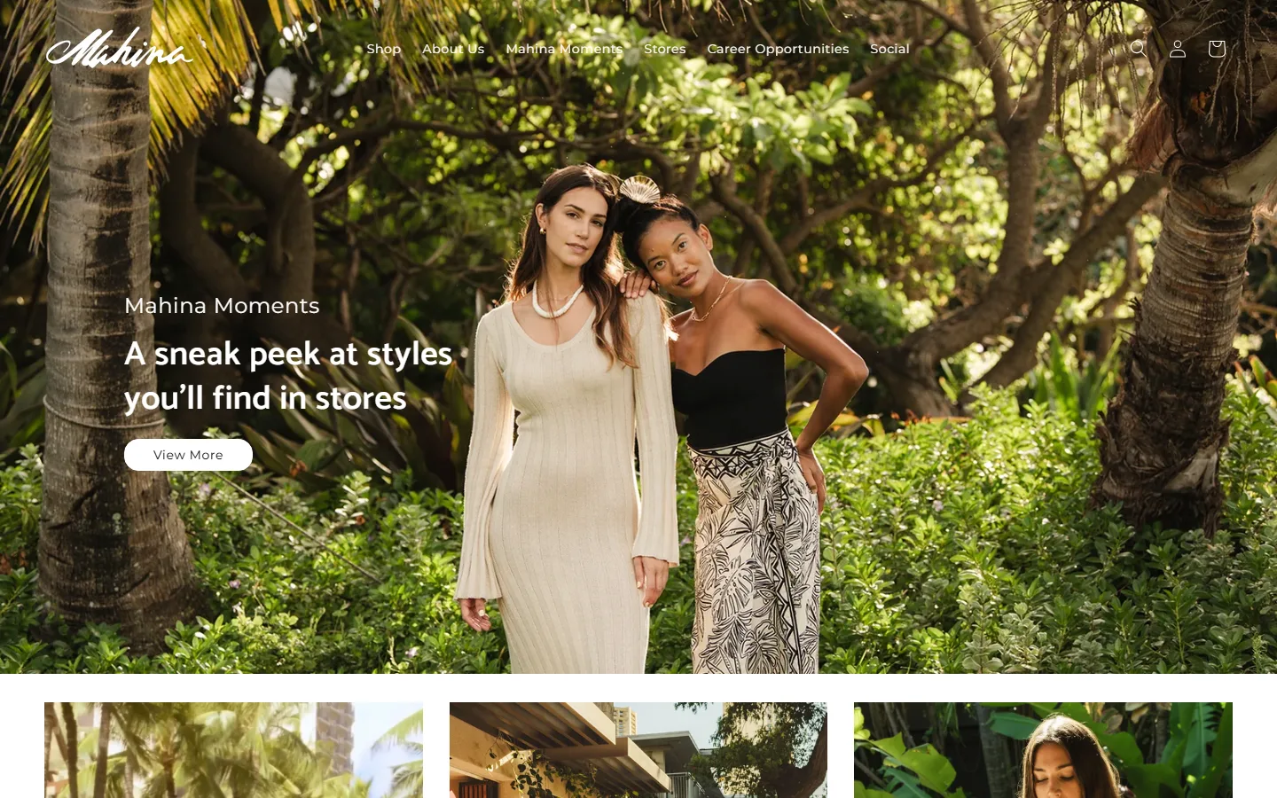 Captured website of Mahina Clothing