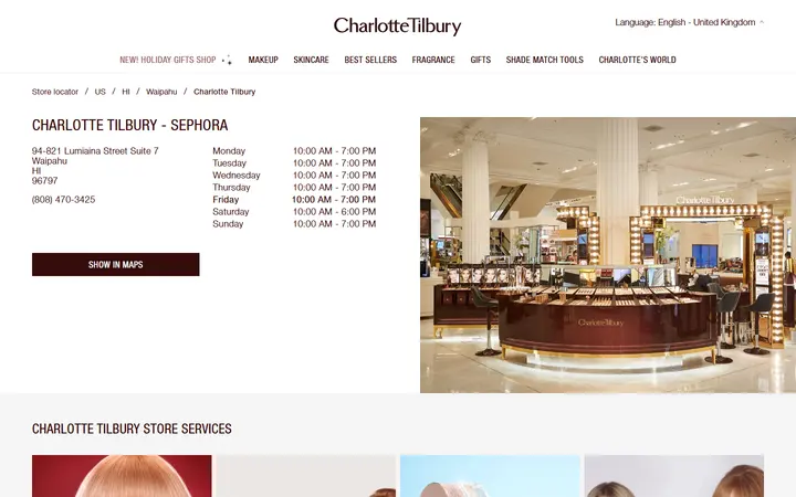 Charlotte Tilbury Beauty store in Waipahu, United States | In-Store Makeup & Skincare Services.