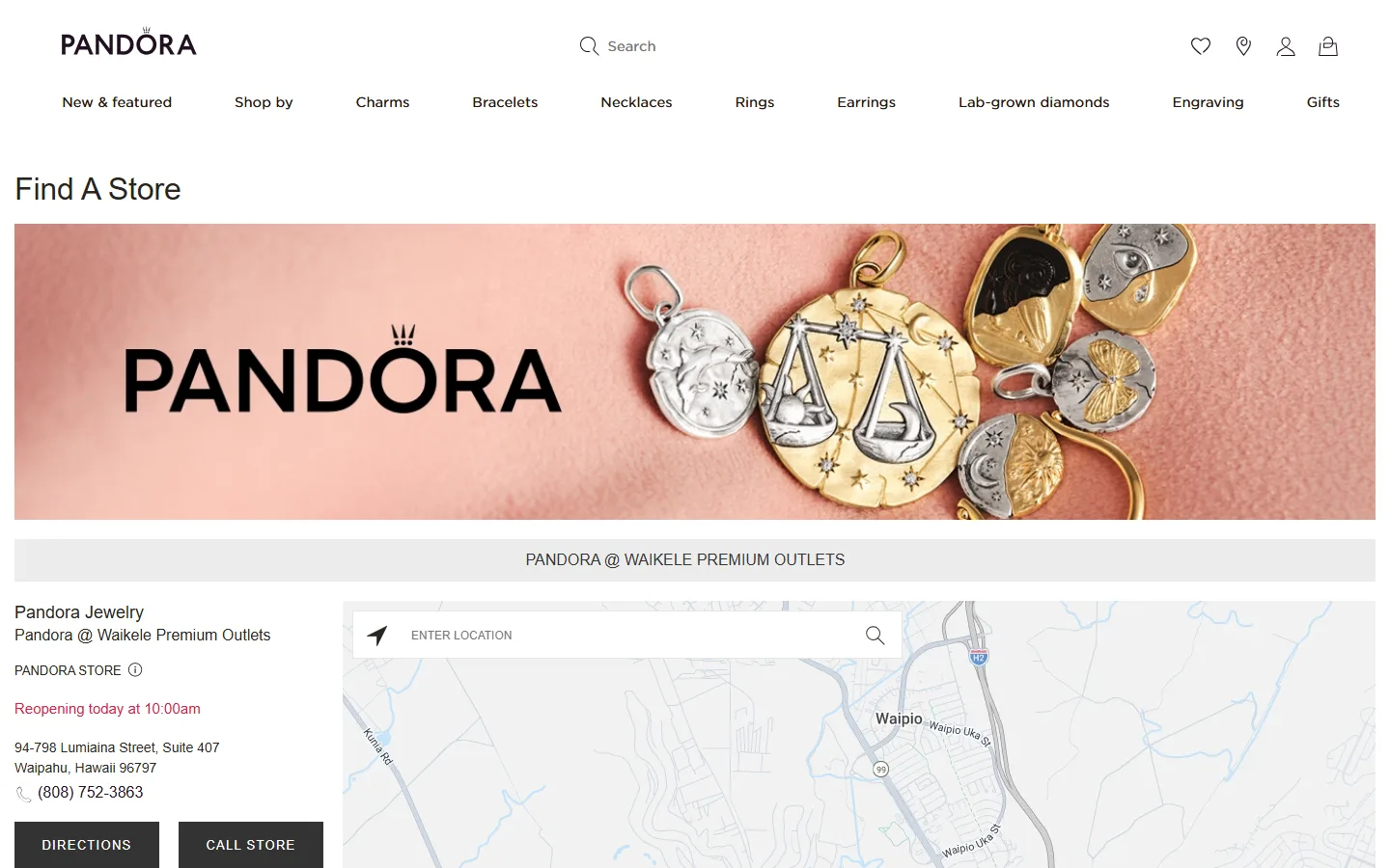 Captured website of Pandora Jewelry